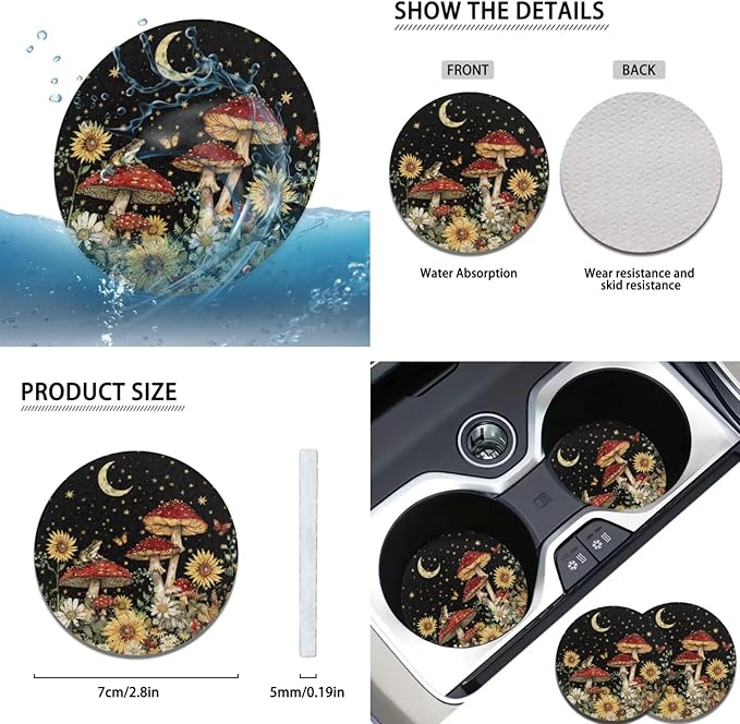 Sky Mushroom Picture 6pcs Car Steering Wheel Cover Set for Men Women Auto Interior Accessories Cup Coaster Cars Handbrake Cover Universal Fit Truck Van SUV