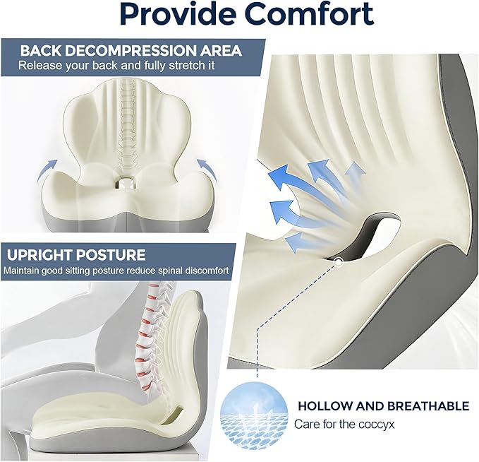 Seat Cushion for Office Chair Car, L-Shaped Ergonomic Seat Cushions,Memory Foam Orthopedic Cushion with Coccyx Hollow,Lumbar Support & Tailbone Pain Relief for Car, Truck, Gaming Chair,Beige & Gray