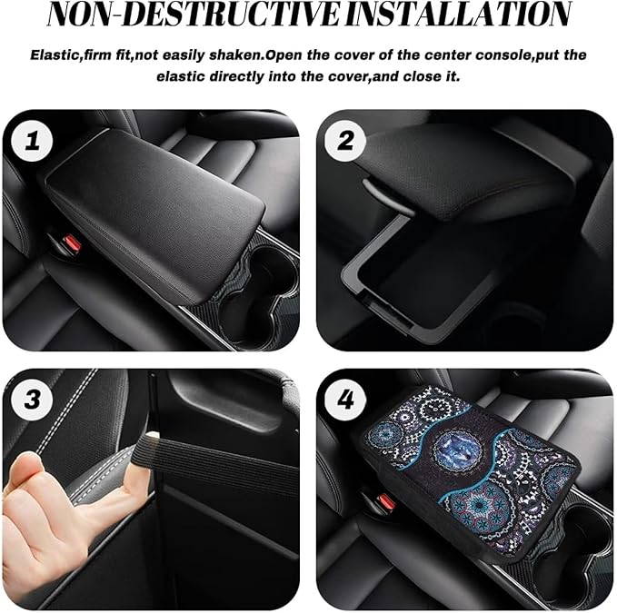Wolf Boho Mandala Pattern Car Center Console Cover with Side Pockets Elastic Automobile Armrest Pad Comfortable Armrest Seat Box Cover Protector Car Decor Accessories