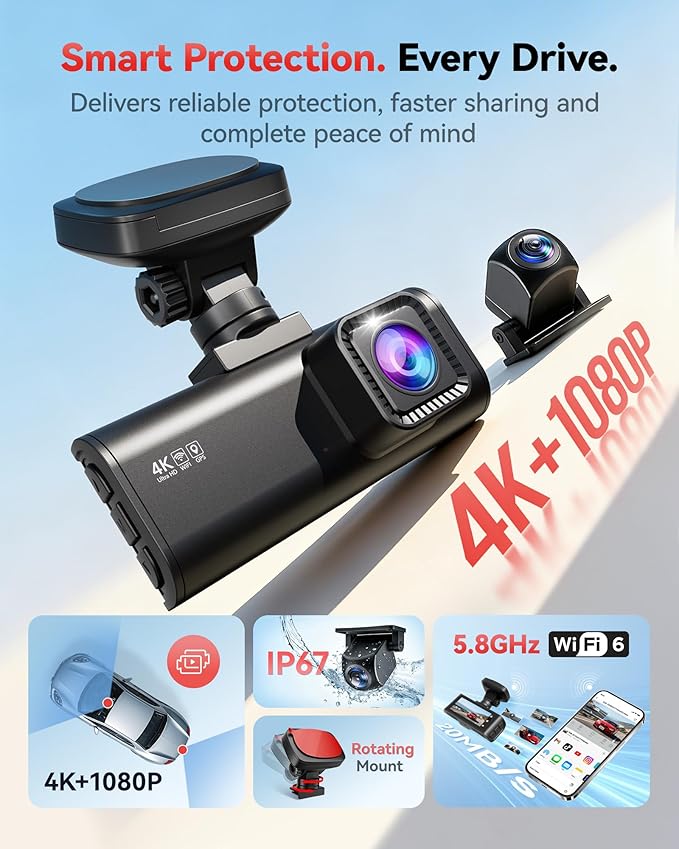 REDTIGER F7N-N 4K Front and Rear Dash Cam, 5.8GHz WiFi-20 MB/s Fast Transfer with APP, 2160P/FHD Car Dash Camera with Precise GPS, WDR, 3.18" Screen, Night Vision, 24H Parking Mode(No Card Included)