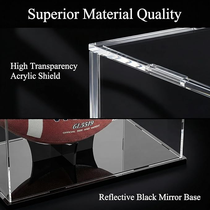 Acrylic Football Display Case with Ball Holder Base – a Memorabilia Showcase Storage Box Designed for Full-Size Football Collectibles. Perfect for Sport Lovers to Display Their Footballs