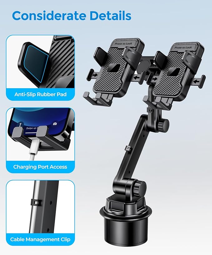 Dual Cup Phone Holder for Car, Cup Mount, Holds 2 Phones Simultaneously, Universal Must-Have Car Mount, Fits iPhone/Samsung/Motorola/Google/LG/TCL & 4.0-7.0 Inch Smartphones