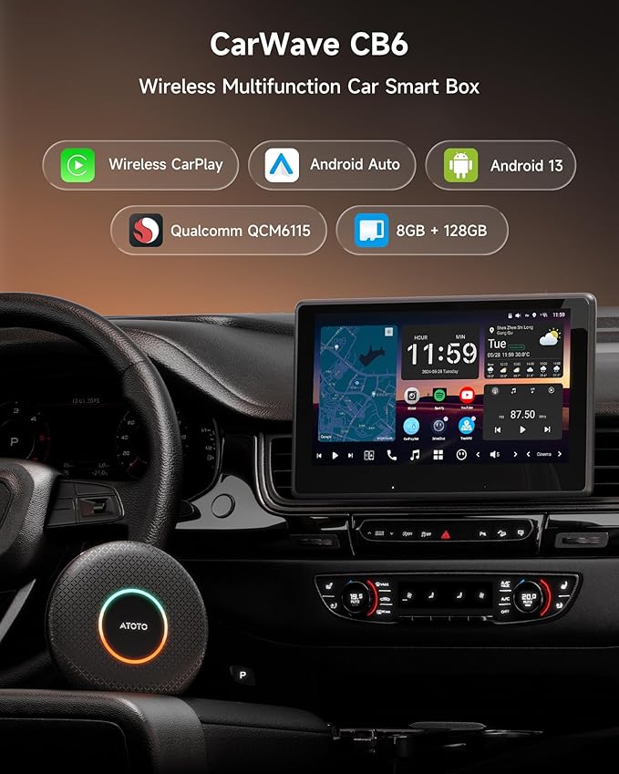 CB6 Car Video Box, 2025 Plug & Play AI Box CarPlay, Wireless CarPlay Adapter/Android Auto with Advanced AI, GPS, Compatible Massive APP, Android 13, 2 BT, 4G LTE, 4G+64G, for OEM Wired CarPlay