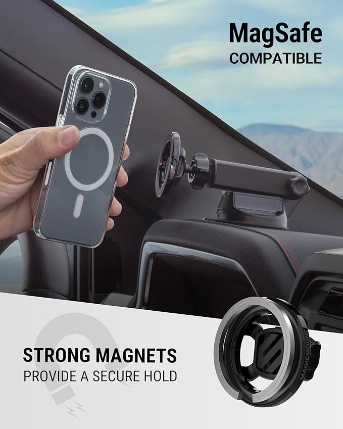 Scosche MagSafe Car Mount, Suction Cup Magnetic Windshield/Dashboard Cell Phone Holder with Vent Clip & Adjustable Flip Arm Compatible with PopSockets Grips, iPhone 16/15/14/13/12, Samsung Galaxy
