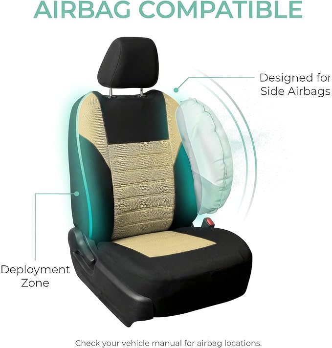 FH Group Automotive Car Seat Covers Full Set Premium 3D Air Mesh Front Seat Covers, Airbag Compatible & Split Bench Cover Universal Fit Interior Accessories for Cars Trucks and SUVs - Beige
