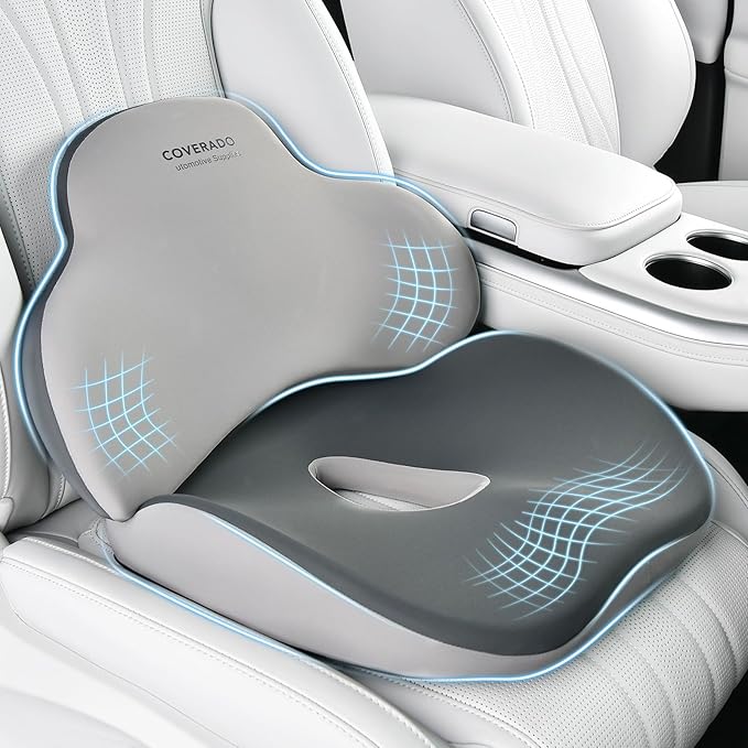 Coverado Car Seat Cushion and Lumbar Support Pillow, Memory Foam Ergonomic Back Support Driving Seat Cushion for Sciatica, Tailbone, Back Pain, Non-Slip Washable Cushion for Car, Driver, Office