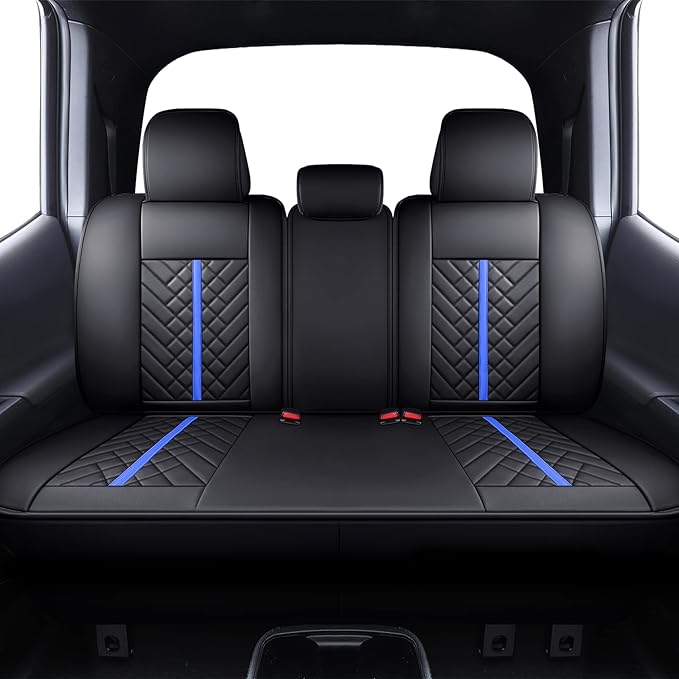 Tomatoman Tacoma Rear Seat Covers 2005-2024 2025 2026 TRD Sport Offroad Limited SR5 V6 Crew Double Extended Cab Truck Back Car Cushions with Waterproof Faux Leather (Rear Seat/Black-Blue)