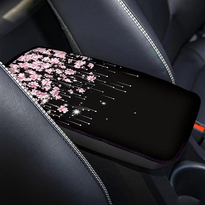 Pink Floral Auto Center Console Pad, Easy to Install Armrest Cover Pad for Trucks Vans SUV Cars, Universal Car Interior Decor Accessories for Women Men