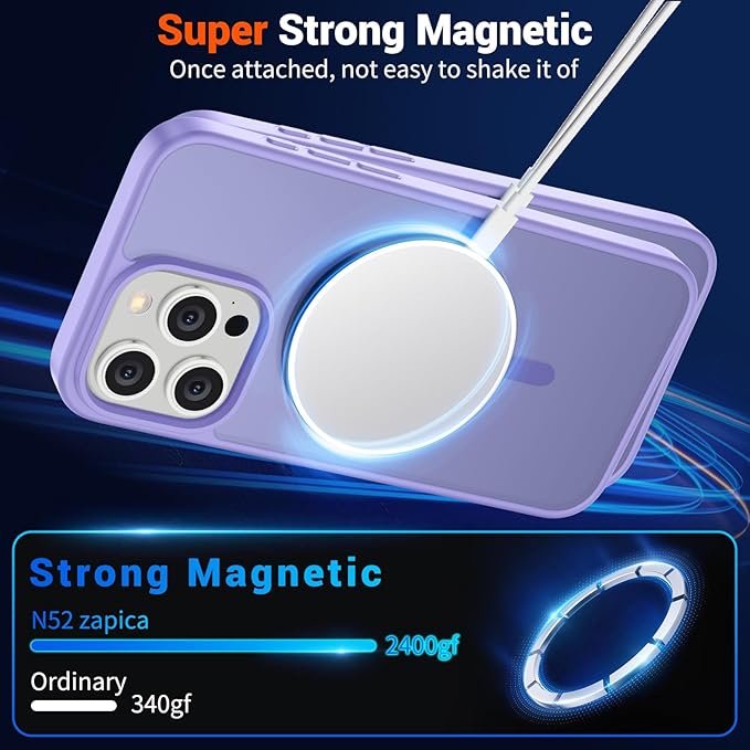 SUPFINE Magnetic for iPhone 15 Pro Max Case (Compatible with MagSafe) (Military Grade Drop Protection) Slim Translucent Matte Shockproof with Anti-Fingerprint Phone Case, Purple
