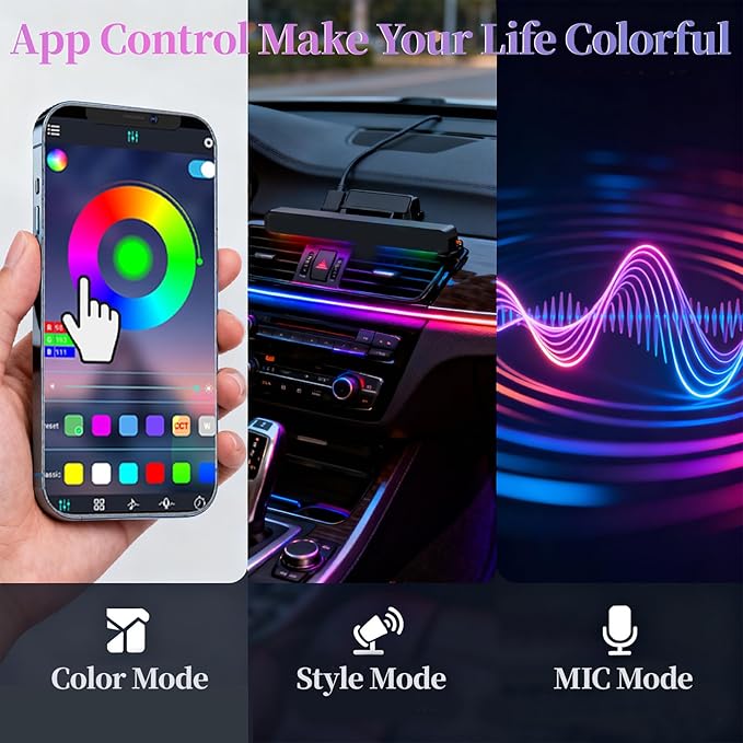 DIBMS Acrylic Car Interior LED Neon Strip Lights, USB Powered with APP Remote Control RGB Music Sync DIY Mode Ambient Lighting Kit for Vehicle Center Console Dashboard Decor