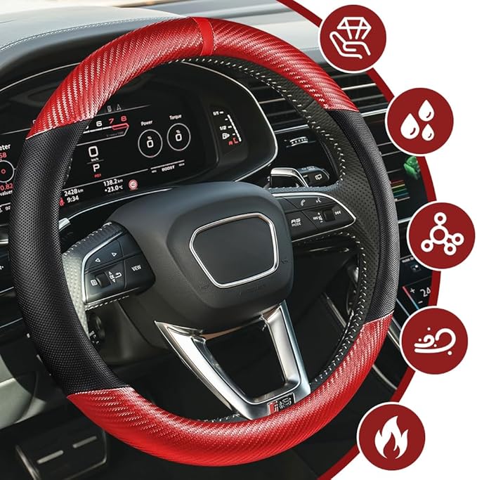 Car Steering Wheel Cover, Steering Wheel Accessories, 15 Inch Microfiber Leather Carbon Fiber Soft Anti-Slip Breathable, Car Accessories Elastic Non-Slip Cover for Most Vehicles (Red)