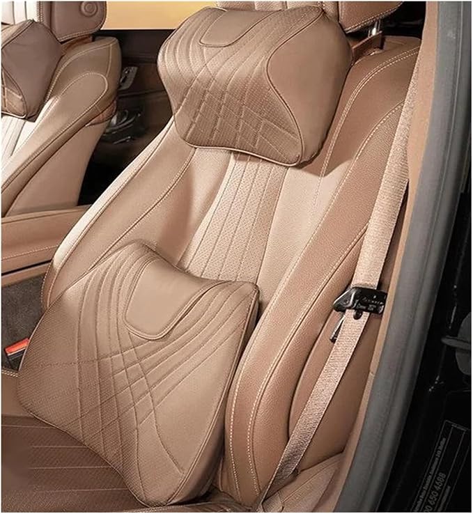 Car Pillow Car Headrest Pillow Set Sewing Leather Lumbar Waist Support Memory Foam Fit for Seat Neck Protctive Cushion Accessories Car Neck Pillow(C)