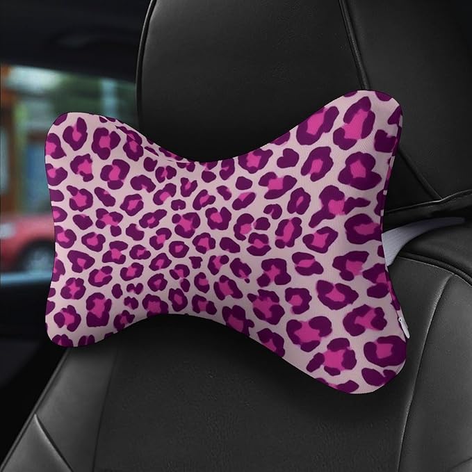 Car Pillow for Neck Pain Relief Support, Compatible with Pink Cheetah Leopard Print Memory Foam Car Neck Pillow for Car Seat with Adjustable Strap, 2 Pcs Car Headrest Pillow for Ergonomic Design
