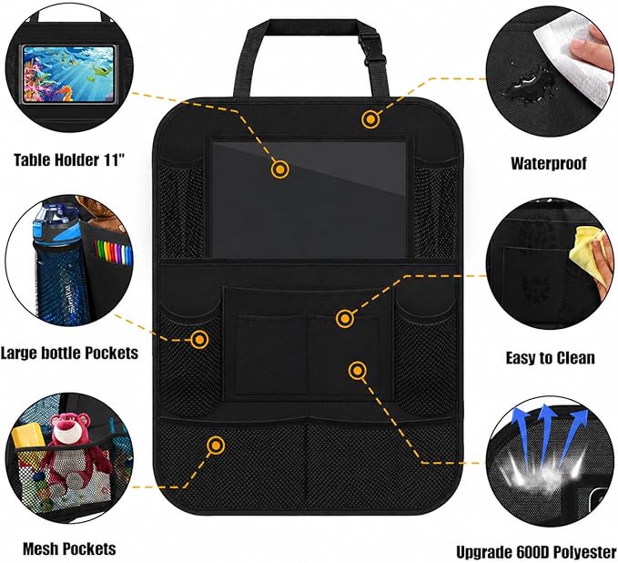 ULEEKA Car Backseat Organizer with 10" Table Holder, 9 Storage Pockets Seat Back Protectors Kick Mats for Kids Toddlers, Travel Accessories, 2 Pack