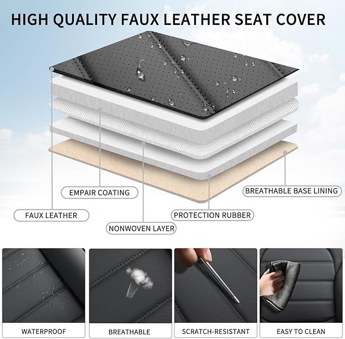 Car Seat Covers Full Set, 5Pcs Universal Leather Seat Covers for Cars, Waterproof Front and Rear Seat Covers Breathable Automotive Vehicle Seat Cover for Most Trucks, SUVs, Sedans, Black