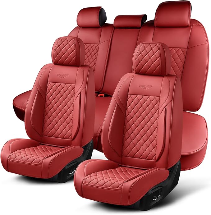 Auto Car Seat Covers Full Set Leather Cushion Protector Breathable Waterproof Seat Cover for Cars Universal Fit (Wine, Full Set Without Headrest)