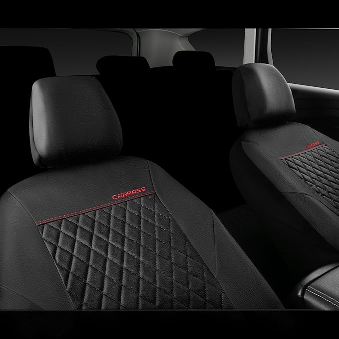 CAR PASS Quilting Leather Seat Cover Two Front Seats Only, Universal Fit Automotive Front Seat Covers Waterproof Deluxe PU Premium Vinyl Luxury for Cars Sedan Van SUV Airbag Compatible 2 Pieces,Black