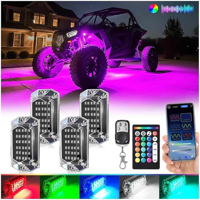 4Pods Full Angle RGB LED Rock Light Full Kit for ATV UTV RZR SXS Can-Am Four Wheeler Quad Side by Side Offroad Golf Cart with APP/RF Remote,Waterproof Multicolor Underglow Light 120Chip Music Mode 12V