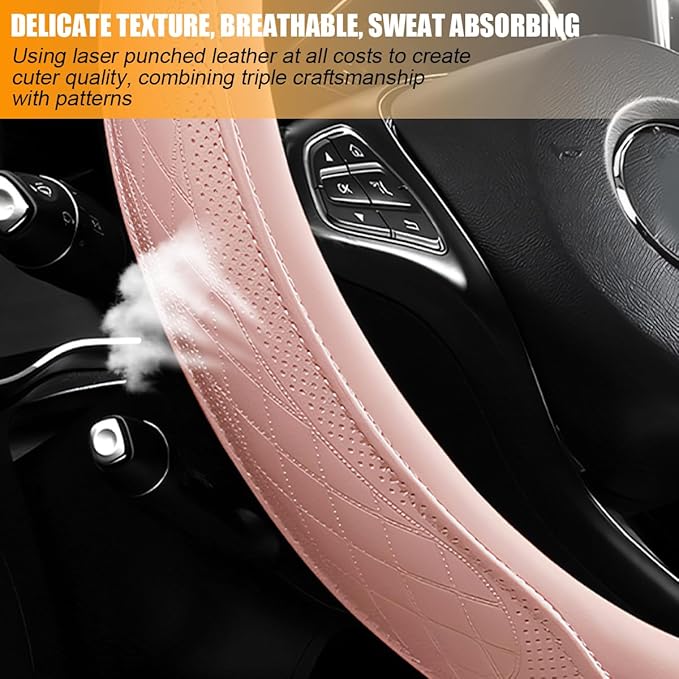 Car Steering Wheel Cover, 14.5-15" Breathable Soft Leather Vehicle Steering Wheel Protector with Anti-Slip Lining, Comfortable Auto Interior Decoration Accessories, Universal Fit (Pink)