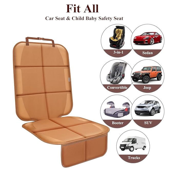 Meolsaek Car Seat Protector for Child Car Seat, Durable 600D Fabric Waterproof Car Seat Cover with Thick Pad Non-Slip Backing，No Imprints (Tan-1 pc)