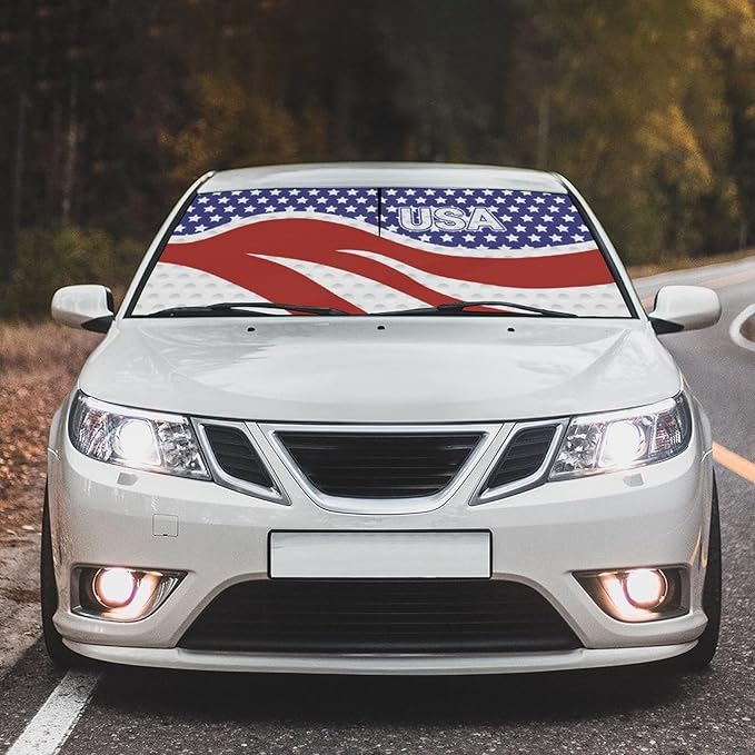 Socira American USA Flag Car Windshield Sunshade Umbrella Foldable Umbrella Sun Shade Windshield Cover Patriot Sunshade Car Accessories Blocks Uv Rays Keeps Cool (57" X 30")