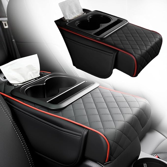 Multifunctional Pu Leather Car Armrest Box Mat, 5-In-1Multifunctional Car Armrest Cushion, Car Arm Rest Cover Pad, Center Console Organizer with Cup Holder, Tissue Box & Phone Slot (Black and Red)