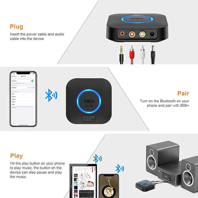 1Mii B06+ Bluetooth Receiver, Hi-Fi Wireless Audio Adapter, Bluetooth 5.3 Receiver with 3D Surround aptX HD aptX Low Latency for Home Music Streaming Stereo System
