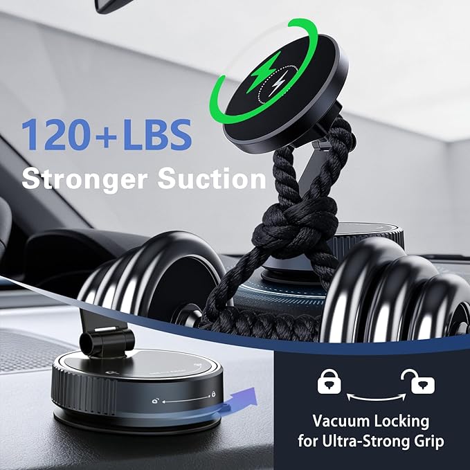 for MagSafe Car Mount Charger, 15W Wireless Car Charger Mount, Vacuum Suction Cup Magnetic Car Phone Holder for iPhone & Android, 360° Adjustable Car Phone Mount for Dashboard & Windshield