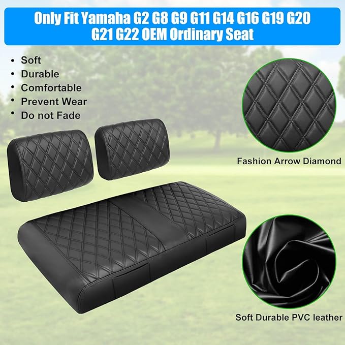 Golf Cart Seat Covers Front for Yamaha G2 G8 G9 G11 G14 G16 G19 G20 G22 Golf Carts Made Thick Premium Marine Leather with Custom Diamond Anti-Scratch/Anti-Fading/Easy to Install
