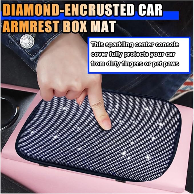 11.9''×8.4'' Bling Car Center Console Cover, Crystal Diamond Elbow Pillow Car Armrest Seat Box Cover, Soft Arm Rest Protective Cushion Pad for Women Girls, Auto Interior Decor for Car SUV (White)