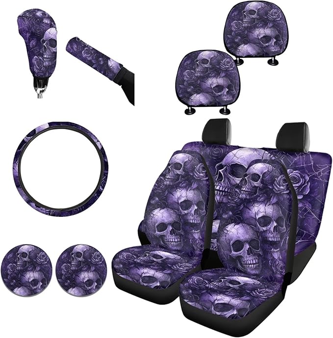 FKELYI Skeleton Car Seat Covers Full Set Purple Floral +Multicolor Mandala Cup Coasters+Headrest Covers+Anti-Slip Steering Wheel Cover+Gear Shift Cover+Handbrake Cover