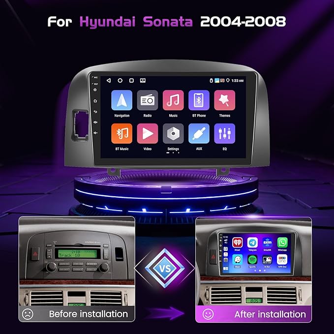 4+64GB Android 15 Car Stereo for Hyundai Santa 2004-2008 Wireless Carplay Android Auto 9" Touch Screen Car Radio Dash Kit with GPS WiFi Bluetooth SWC DSP EQ Mirror Link Backup Camera