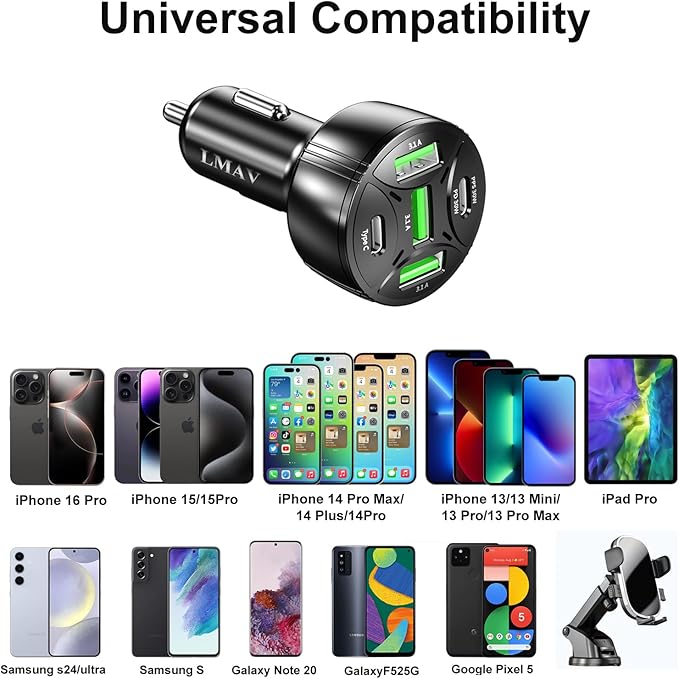 USB C Car Charger Adapter, 5 Ports 75W PD 3.0 Car Phone Charger Fast Charging Compatible with iPhone 16/15/14/13 Pro Max Series, iPad Pro, Galaxy S24/S23/S22/Note 20, Android, Pixel.