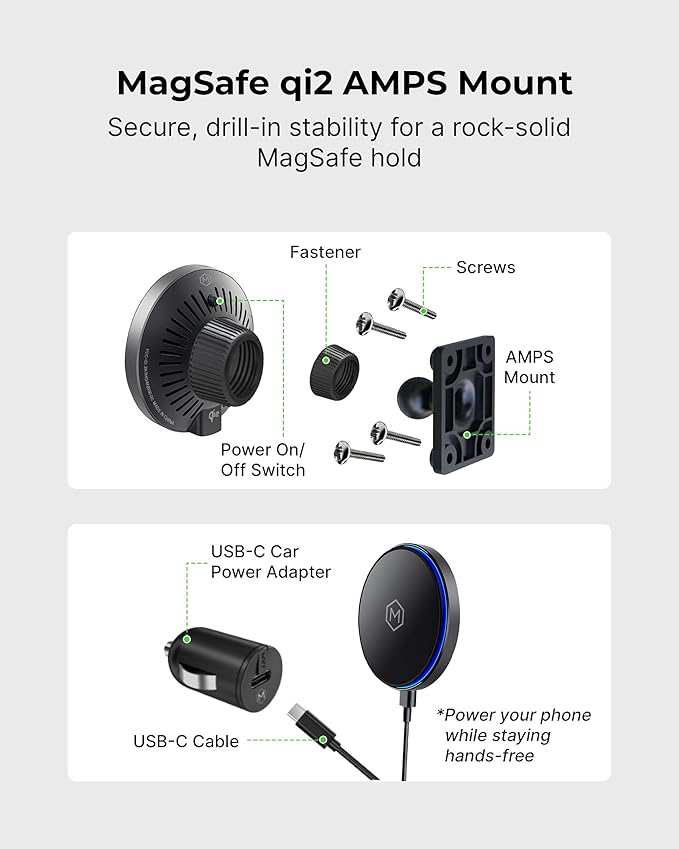 MagSwitch Qi2 Magsafe Car Mount Charger - Magnetic Cell Phone Holder with AMPS Plate Mount, 15W Fast Charger with a Built in On/Off Switch for Charging, Compatible with iPhone & Samsung