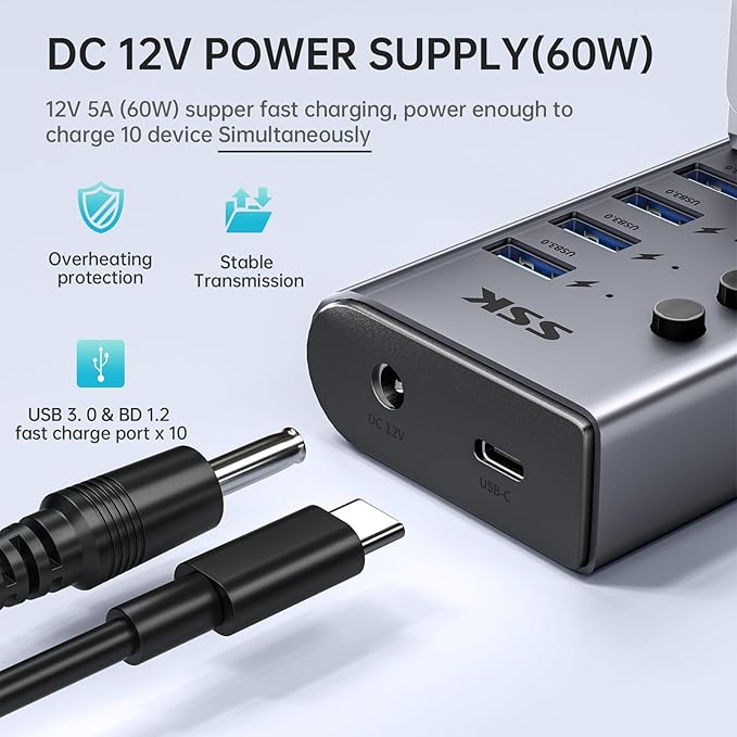 SSK 10 Port Powered USB 3.0 Hub, 60W Aluminium USB Charging Hub with DC 12V5A Power Adapter, Supports Simultaneous Fast Charge and 5Gbps Data Transmission,USB Extender Hub with 3.96ft/1.2m Long Cable