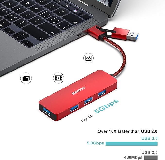 BENFEI USB 3.0 Hub, USB-C HUB, 2-in-1 USB Type-A/Type-C Hub with 4 USB 3.0 Ports [Aluminum Shell, Nylon Braided] Compatible with iPhone 15 Pro/Max, MacBook Pro/Air 2023, iPad Pro, iMac, S23, XPS 17