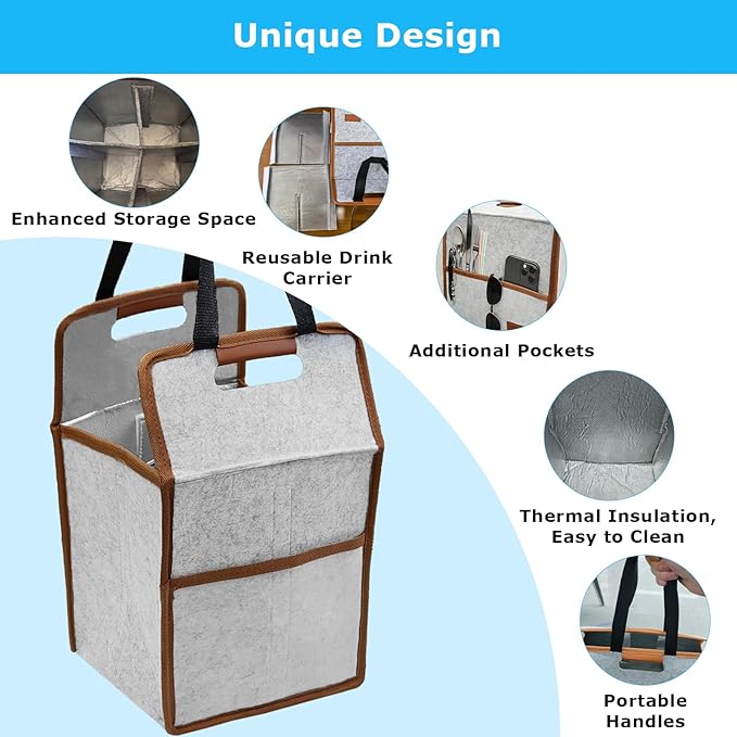 4 Cup Drink Carrier with Handle, Reusable Insulated Cooler Drink Caddy for Car Cup Holder, Foldable Coffee Carrier Bag with Adjustable Dividers, Portable for Car, Travel, Picnic Party, Food Delivery