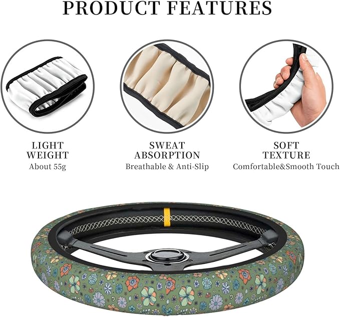 Sage Green Hippie Flower Auto Car Steering Wheel Cover Universal 15 Inch Neoprene Interior Decor Protection Accessories