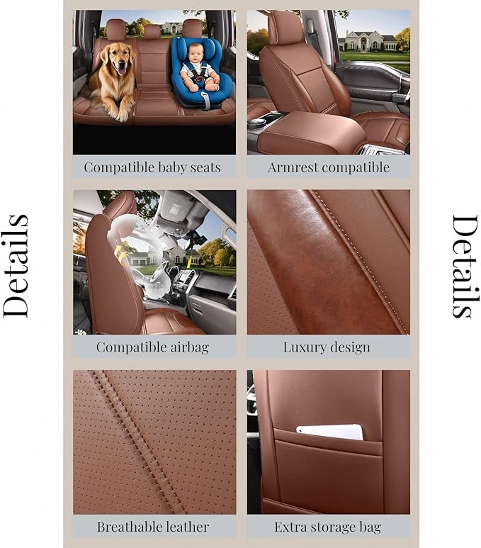 Red Rain Custom Fit for Ford F150 Super Crew/Crew Cab 2015-2025 XL XLT STX Brown and Orange Leather Car Seat Cover Full Set 5 Seater (F150-Brown+Orange)