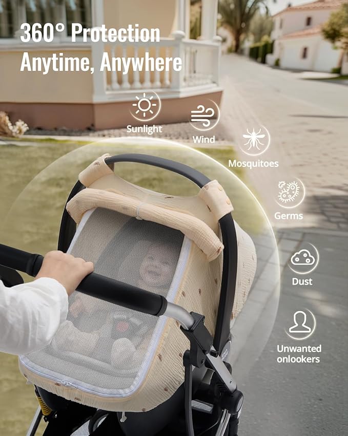 Blissful Diary Baby Car Seat Cover, Extra Large Mesh Window, Breathable Muslin Cotton, Infant Windproof Canopy, Must-Have Baby Gift - Sunshine