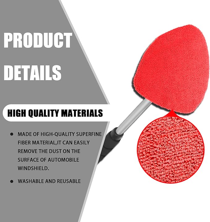 Windshield Cleaner Tool - Portable Car Interior Window Cleaning Kit with Extendable Handle, 4 Microfiber Towel Pads, Auto Glass Wiper for Windshield, Universal for RV, SUV, Truck (Red)