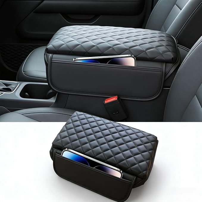 Center Console Cover for 2025 Ford Bronco Accessories 2024 2021 2022 2023 Leather Arm Rest Cover for Car with 2 Side Pockets for Bronco 2/4 Door (Not for Sport)
