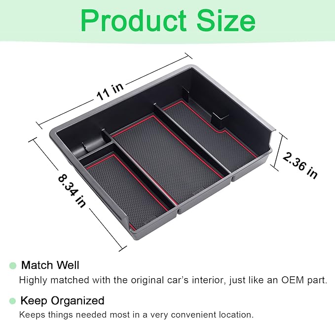 PIMCAR Center Console Organizer Tray for 2014-2018 Chevy Silverado GMC Sierra 1500 & 2015-2019 2500HD/3500HD Models - Custom Fit Storage Insert Accessories - Red Trim