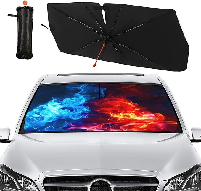 Socira Red Fire Blue Ice Car Windshield Sun Shade Umbrella Foldable Sunshade for Front Window Auto Windshield Sunshade Covers Car Accessories Protect from Sun Rays Heat 57'' X 30''