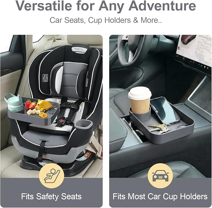 Car Seat Snack Tray for Toddlers - 3 Inch Cup Holder Fits Most Sippy Cups & Straw Bottles with Dip Well, Mess-Free Square Kids Travel Tray Road Trip Essentials, Dark Grey
