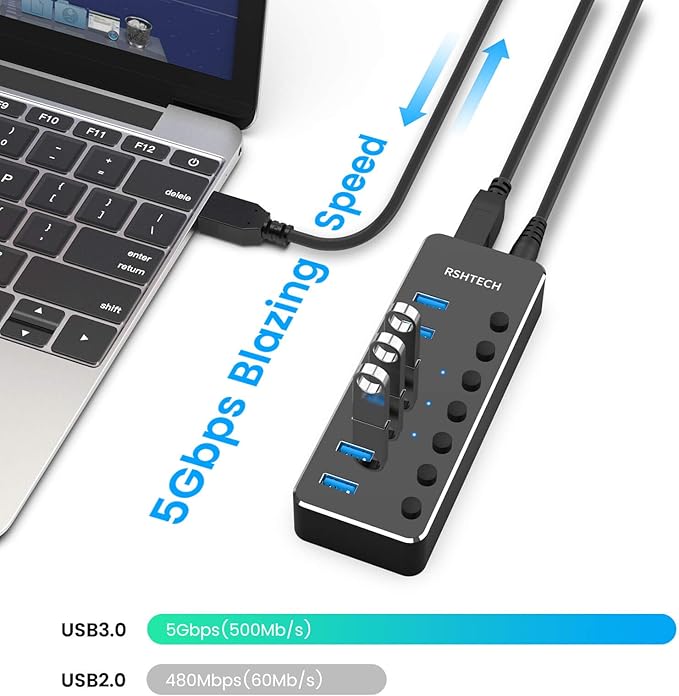 USB 3.0 Hub, RSHTECH 7 Port Powered USB Hub Expander Aluminum USB 3.0 Data Port hub with Universal 5V AC Adapter and Individual On/Off Switches USB Splitter for Laptop and PC(Black) (Pack of 2)