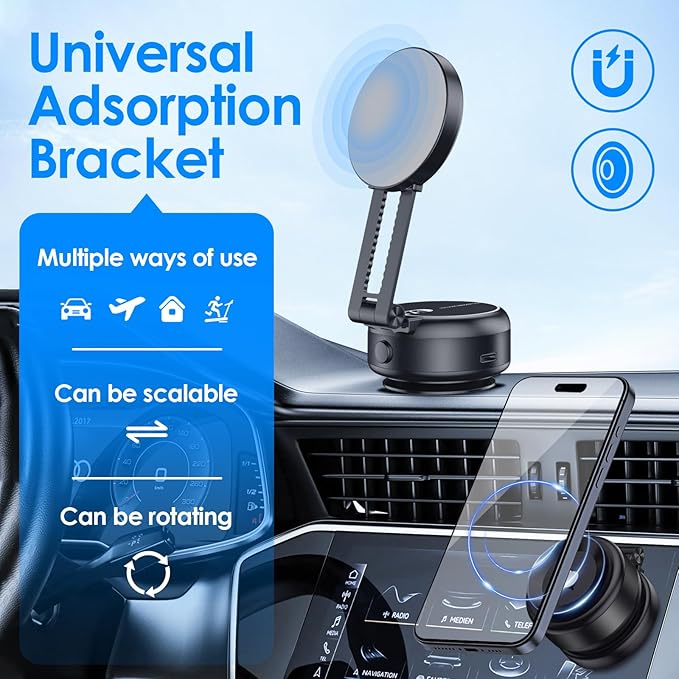 Magnetic Phone Holder,360° Rotatable Adjustable Foldable Electric Vacuum Suction Mount for Car/Gym/Mirror