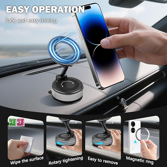 Vacuum Magnetic Phone Holder with Sticky Gel Base, 360° Foldable Suction Cup Phone Mount for Textured Dashboard Windshield, Strong Magnetic Car Mount for iPhone MagSafe & Android Phones(Black)