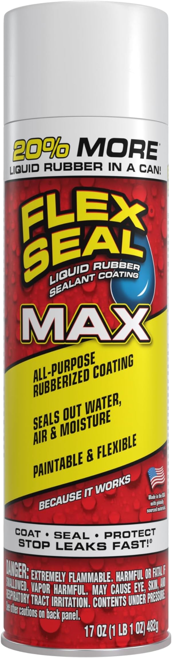 Flex Seal MAX, 17 oz, 1-Pack, White, Stop Leaks Instantly, Waterproof Rubber Spray On Sealant Coating, Perfect for Gutters, Wood, RV, Campers, Roof Repair, Skylights, Windows, and More