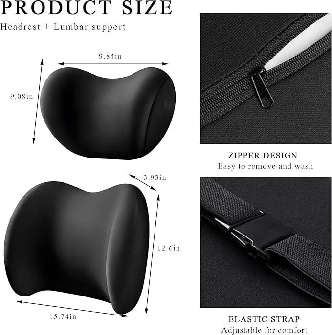 Car Headrest & Lumbar Support Cushion, Ergonomic Memory Foam Car Neck Back Support w/Removable Cover, Universal Breathable Lumbar Cushion Headrest Pillow with Adjusatble Strap (Black)